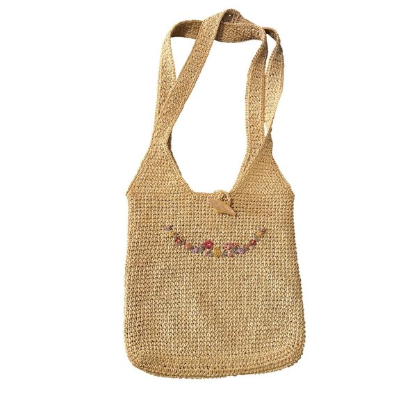 Straw Shoulder Bag Floral Embroidery & Leaf Button Closure Boho Beach Lagenlook - Picture 1 of 9